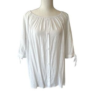 By design white gauzy 3/4 sleeve tunic blouse, eyelet embroidered sleeve
